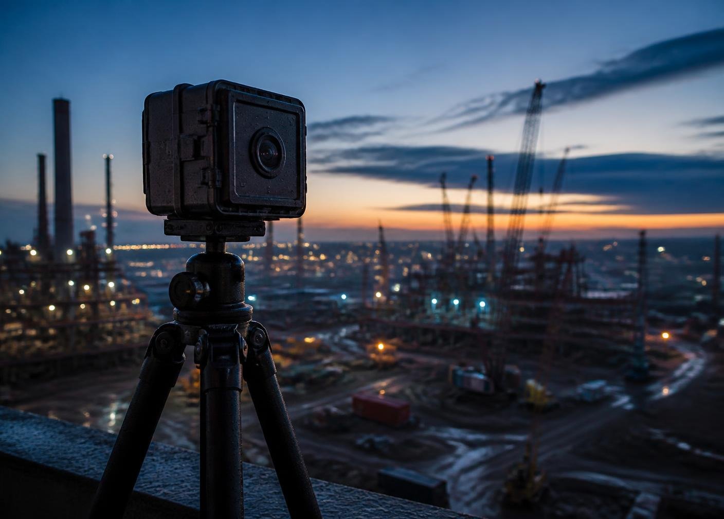 OWL time-lapse camera on a tripod overlooking an industrial construction site at dusk